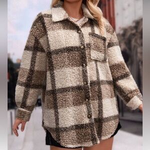 SHEIN CURVE LUNE Plus Plaid Pattern Drop Shoulder Teddy Coat Tan Cream Sz 2X